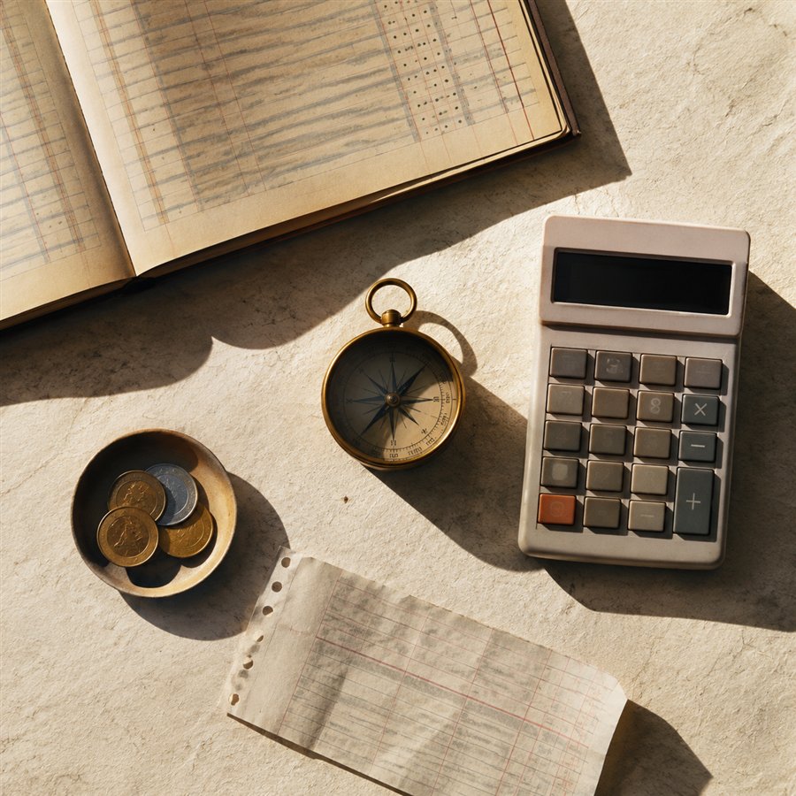 Libro de caja, calculadora, monedas y brújula